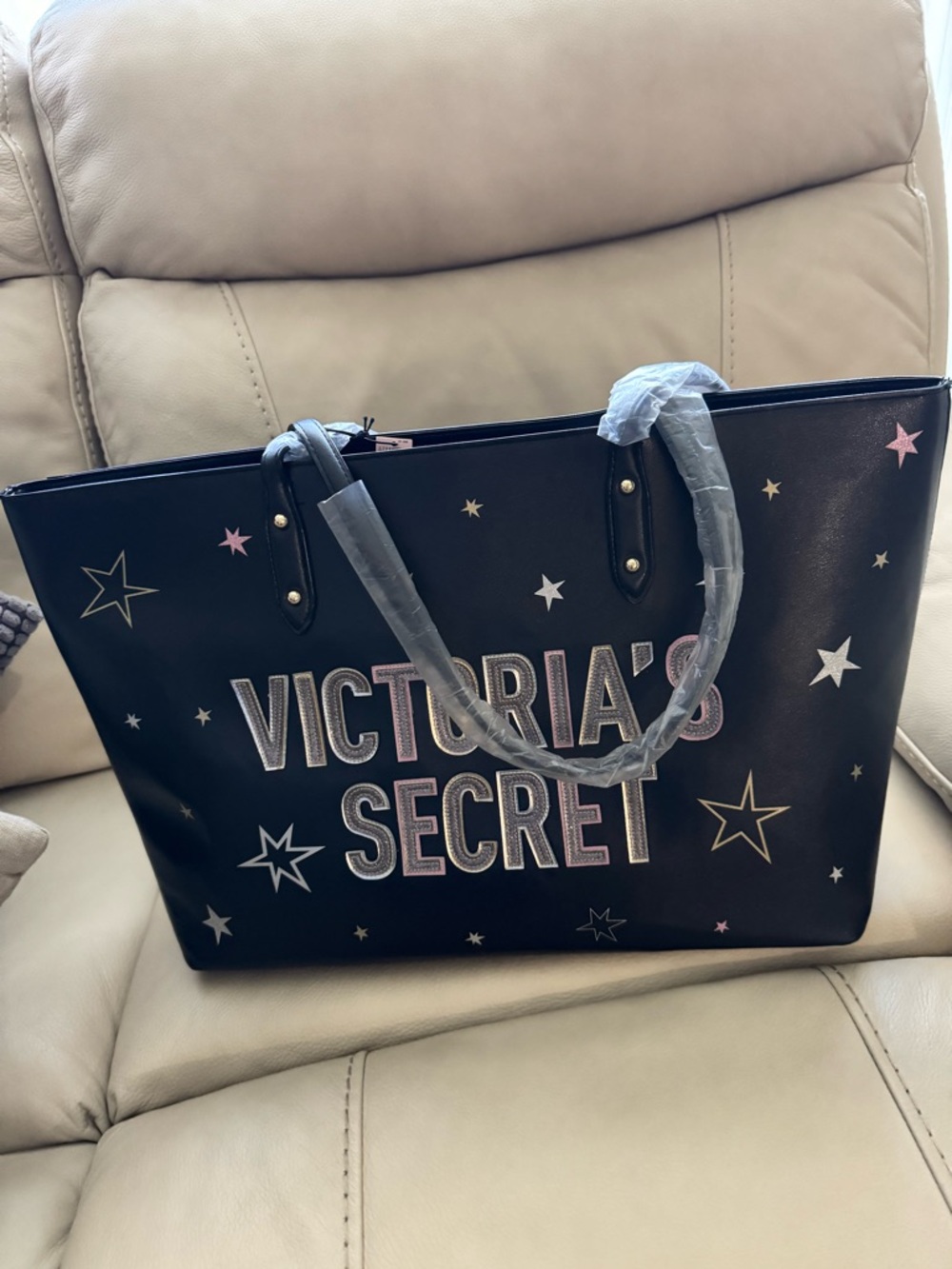 Victoria's Secret Black Tote with Pink & Gold Star Accents